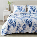 Floral Quilt Set with Shams, Blue Floral Bedding Set, All-Season, Lightweight Bedspread. Reversible