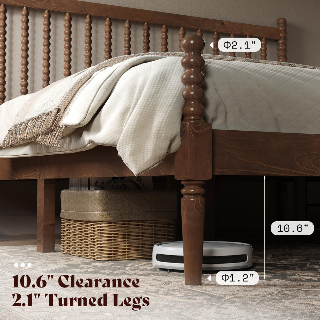 Solid Wood Bed Frame, Spindle Headboard, Dark Walnut