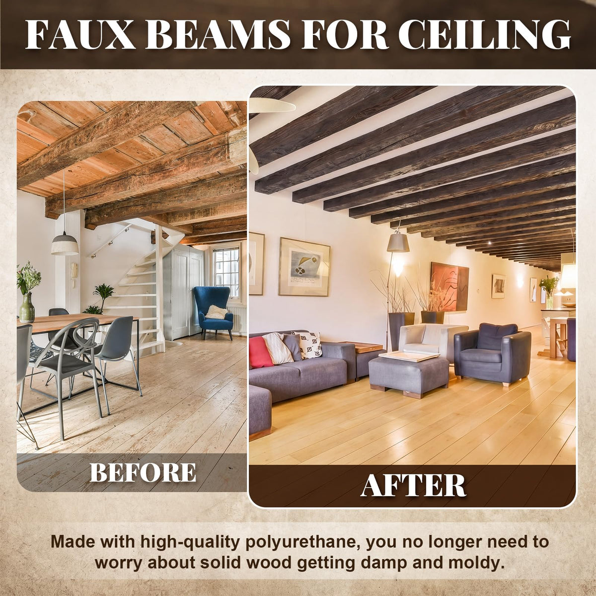 2 Pack 3.5" W x 3.5" H x 48" L Faux Wood Ceiling Beams, Polyurethane U-Beams, Lightweight Rustic Wood Grain Beam