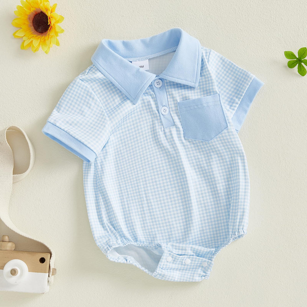 Newborn Baby Boy Summer Clothes Short Sleeve Lapel Button Romper Up Loose Fit Plaid Jumpsuit Bodysuit Boy Outfit
