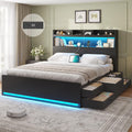 Full Bed Frame with Storage Headboard & 5 Drawers, LED Bed Frame Full Size with Charging Station, Wooden Platform