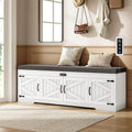 60" Farmhouse Shoe Storage Bench with Deodorizing, Entryway Storage Bench with Cushion Seat, 4 Doors Freestanding
