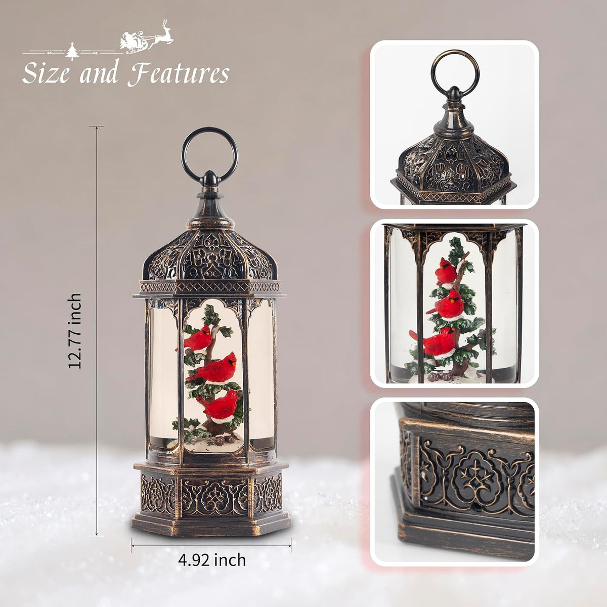 12.8" Lighted Musical Christmas Snow Globe Lantern with Three Red Cardinals in Tree, Swirling Glitter, Antique