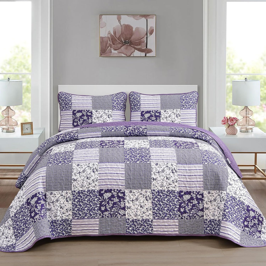 Boho Quilts Queen, Patchwork Reversible Bedding Set, Purple - Set of 3