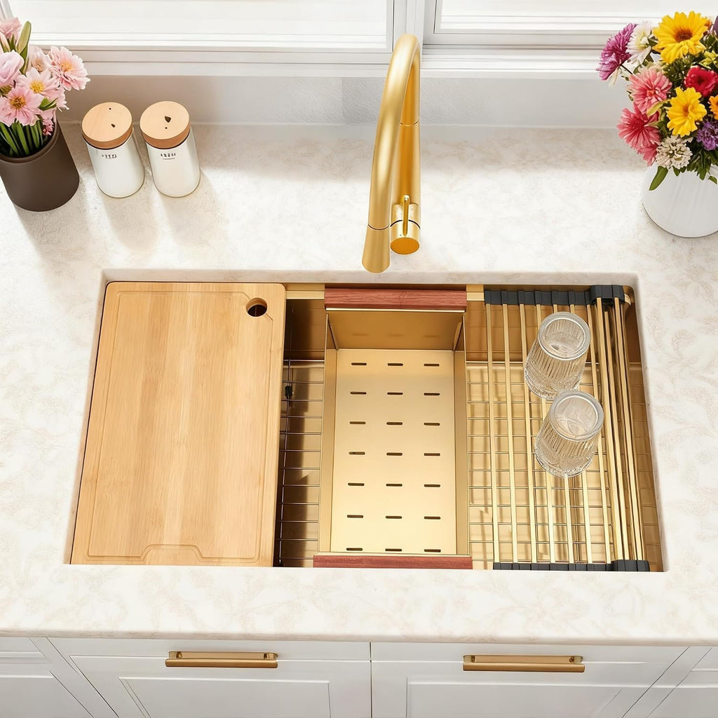 32 Inch Workstation Gold Kitchen Sink, 16 Gauge Undermount Sink