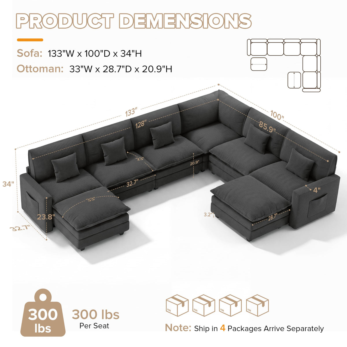 133 Inch Cloud Couch Sectional, Corner Modular Sectional Sofa with Ottoman