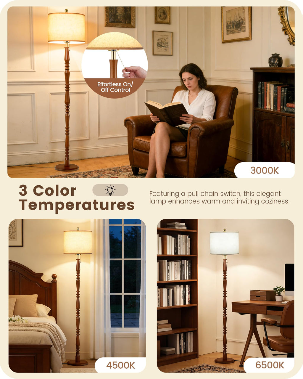 65" Farmhouse Wood Floor Lamp with Pull Chain, 3CCT, Walnut