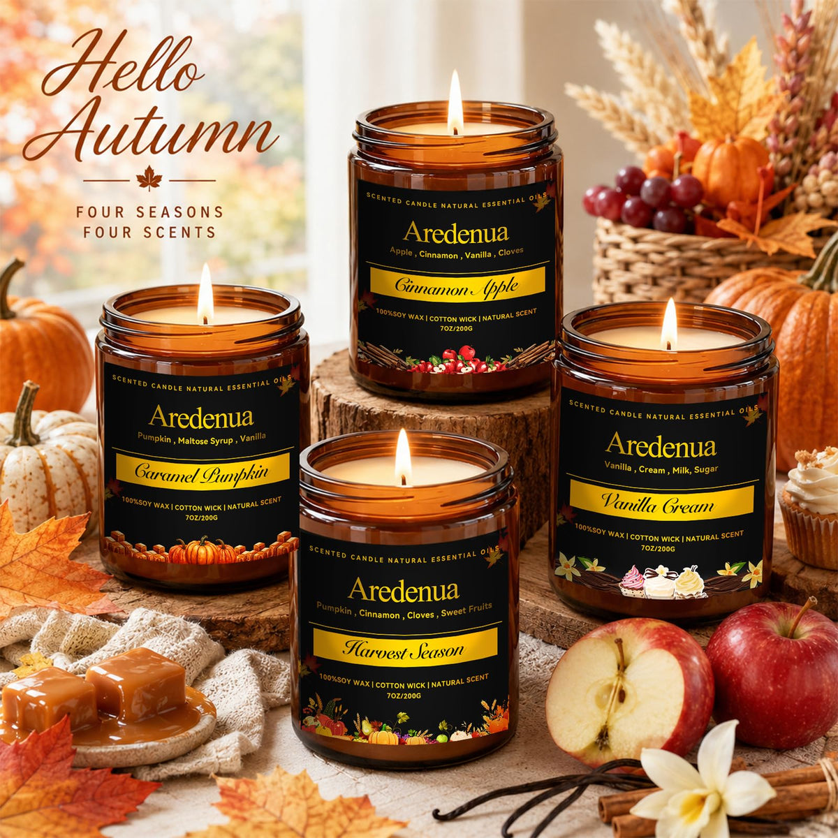 Fall Candles Set, 4 Pack, Cozy Autumn Seasonal Soy Candles Gift