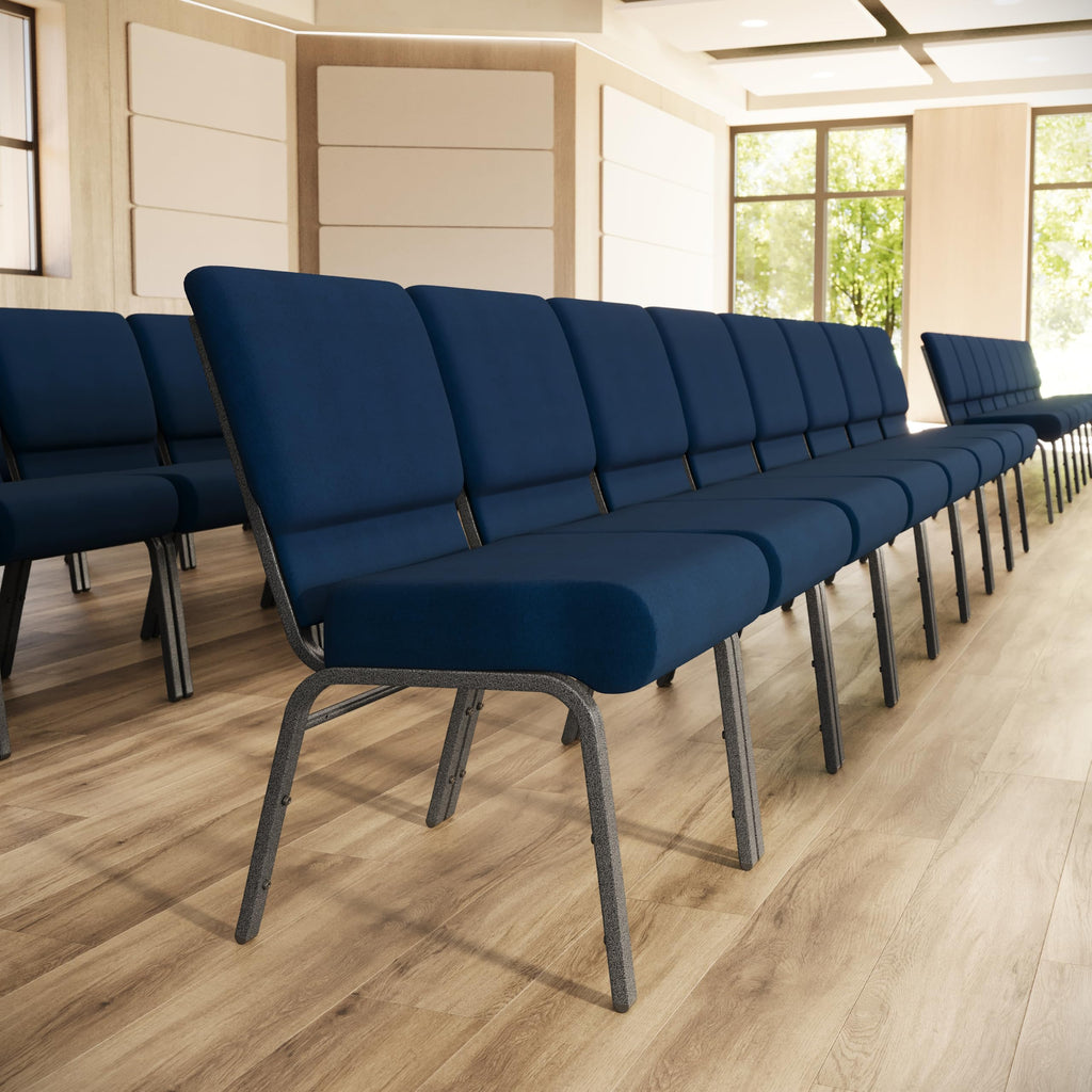 Series 21''W Stacking Church Chair in Navy Blue Fabric - Silver Vein Frame