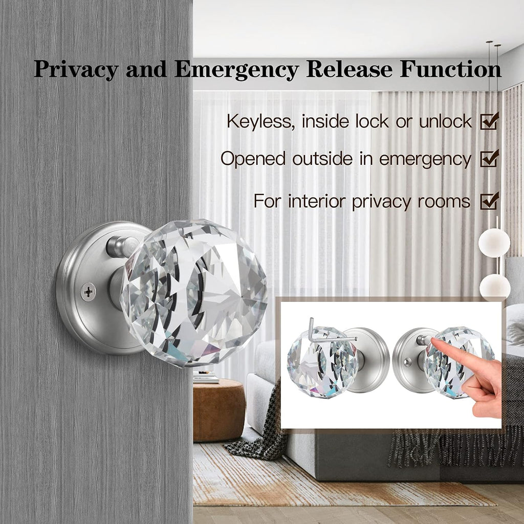Crystal Glass Door Knobs Interior, Premium Bathroom Bedroom Door Knobs with Lock, Satin Nickel Finish