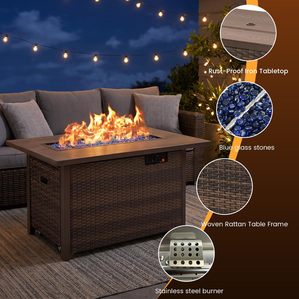 42in Propane Fire Pit 50, 000 BTU Gas Fire Pit Table Rectangle Gas, Outdoor 3-in-1 Fire Table, Yard, Balcony Rattan