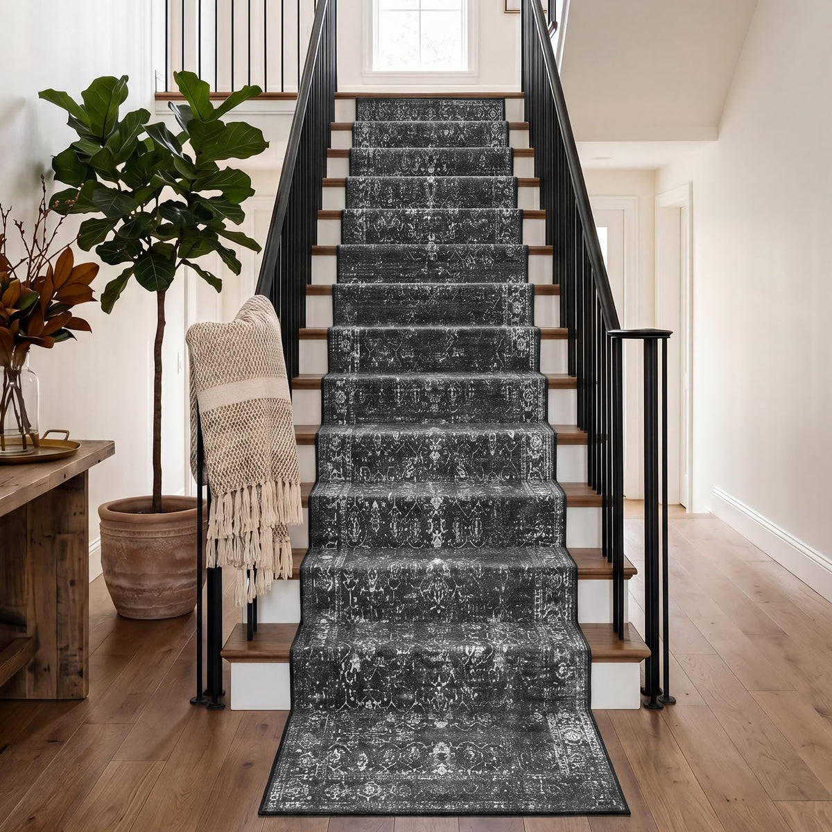 Black Vintage Carpet Runners 12ft, Washable Long Runner Rug Indoor Floor Non-Slip, Distressed Super Soft Throw Carpet