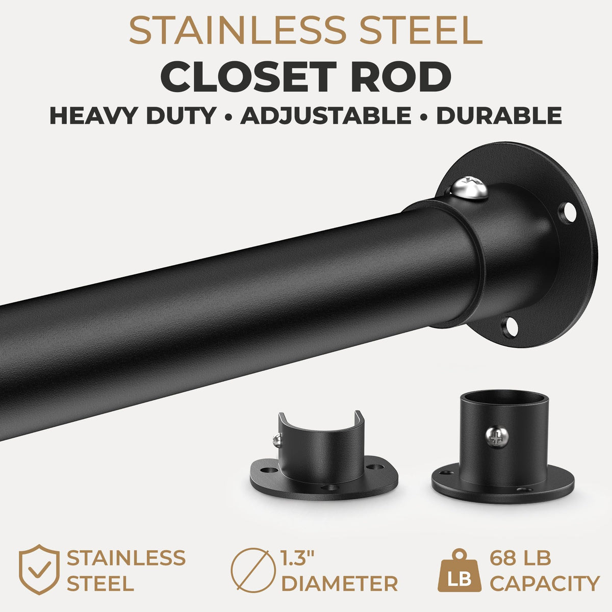 Closet Rod, 1.3" Heavy Duty Adjustable Hanging Rod 17-51 Inch