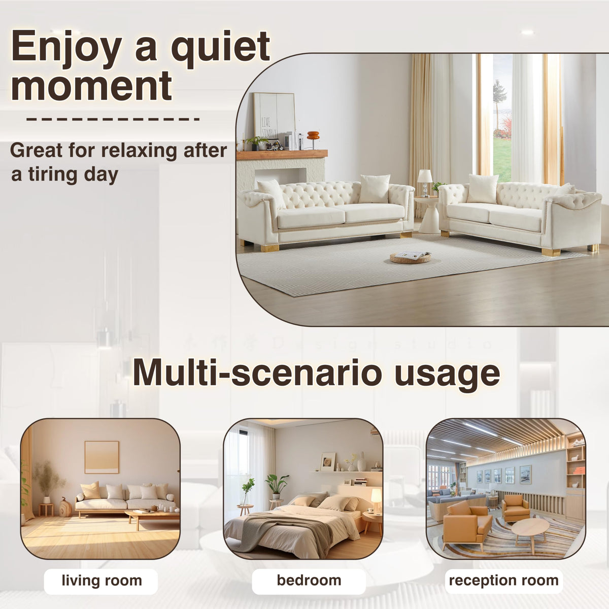 Modern Chesterfield Sectional Sofa, 3+3 Seater Combination Sofa with Rolled Arms, Button Tufted Back, Gold Studs - &