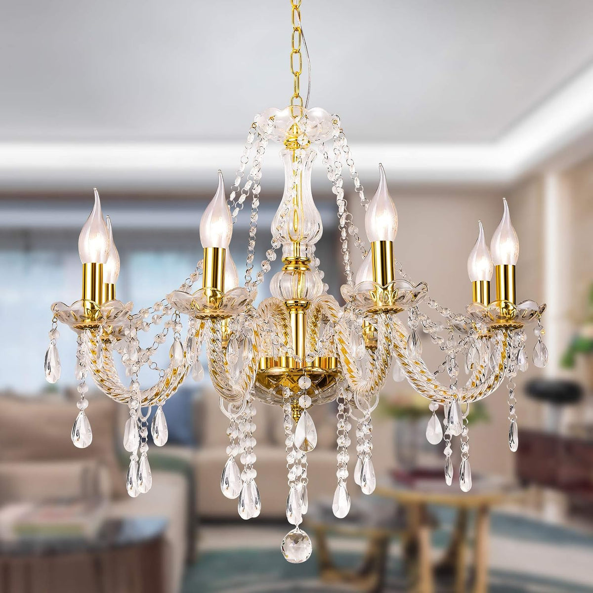 Eight-Light K9 Crystal Candle Chandelier with Clear Teardrop Pendants
