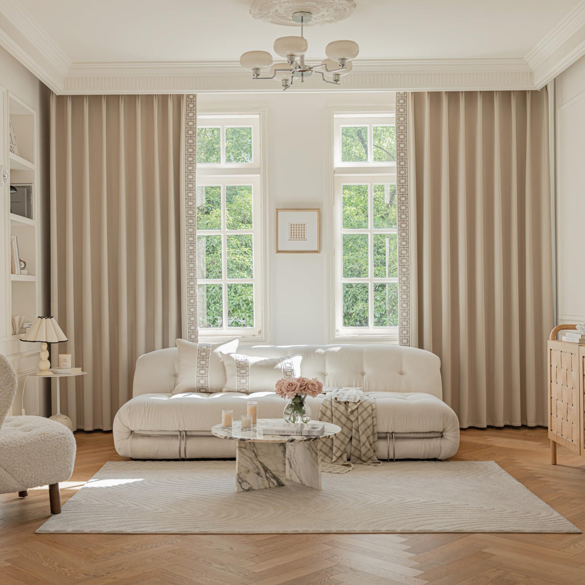 Beige Sand Pinch Pleat Curtain Panels with Decorative Trim, Full Blackout Curtains Bedroom Club Theater (50" W x 84"