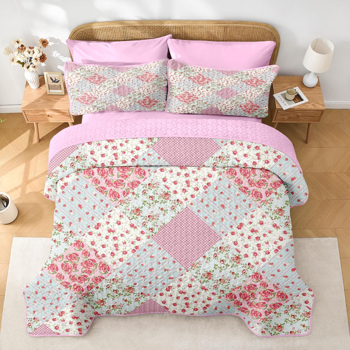 Quilt Set, 2 Pieces Pink Floral Bedding, Bedspread