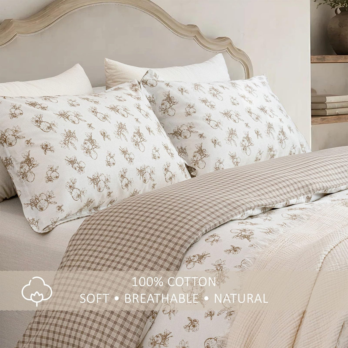 Farmhouse 100% Cotton Duvet Cover Set 3Pcs - Vintage Pomegranate Botanical Prints & Rustic Plaid Reverse