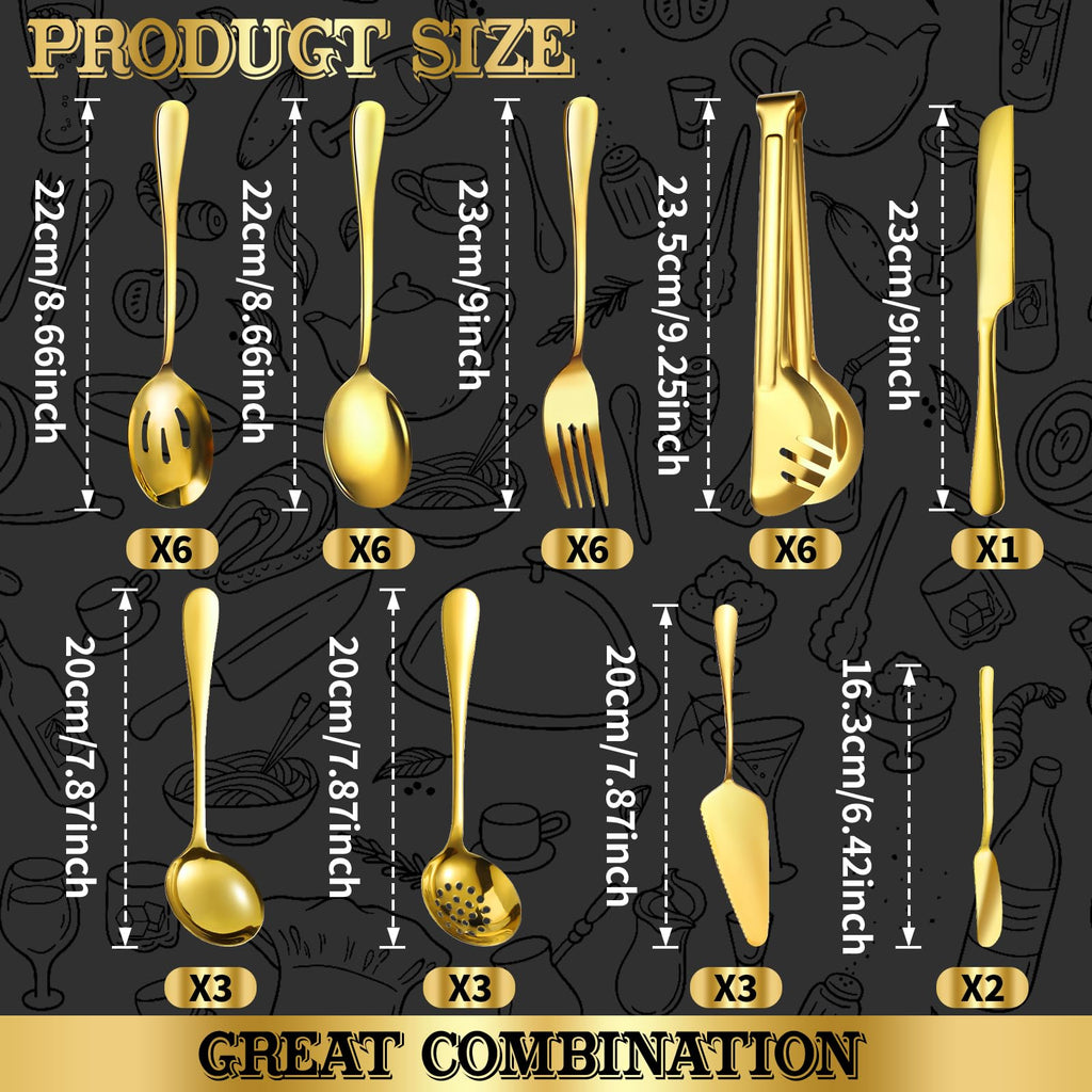 Gold Serving Utensils Set, Stainless Steel Buffet Serving Spoons with Tongs Forks Ladle - Dishwasher Safe