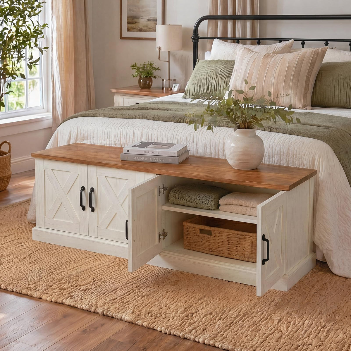 47.2" Shoe Storage Bench, Farmhouse Entryway Bench with 4 Doors & Adjustable Shelves, Shoe Bench, Hallyway, Bedroom