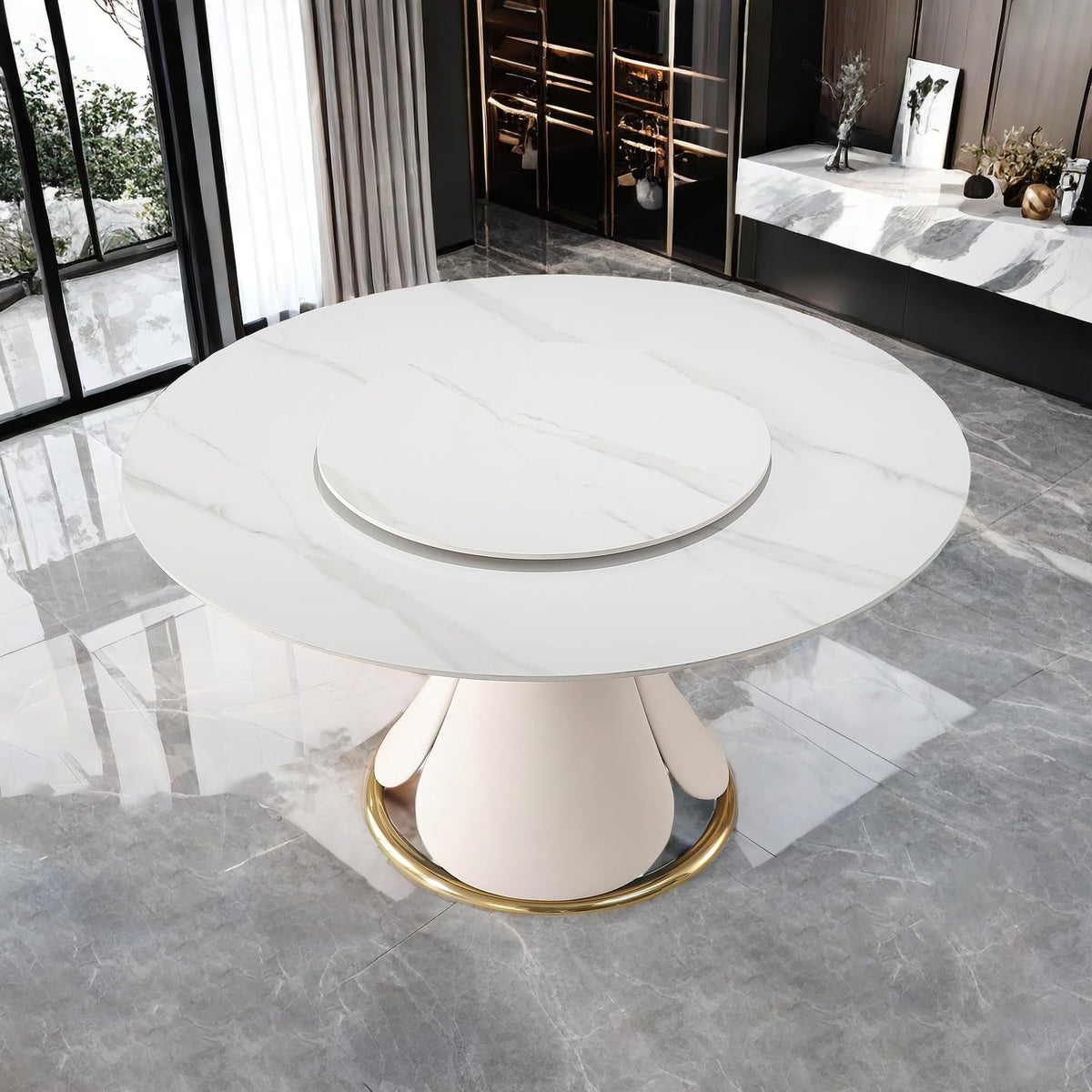 59" Round Dining Table - Modern Faux Marble Tabletop with Rotating Tray & Petal-Shaped Base, White Round Sintered