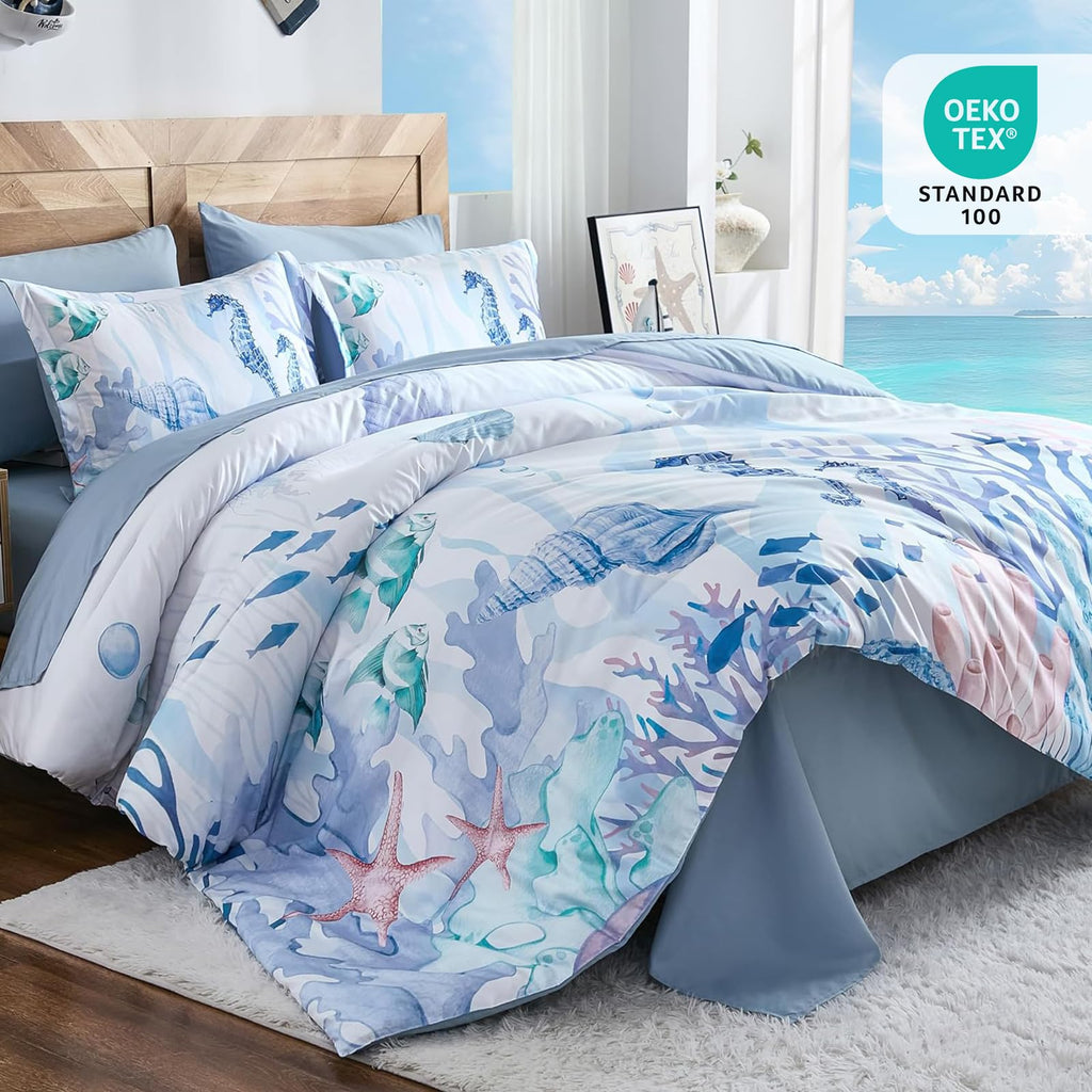 Comforter Set Coastal, Coral Beach Themed Comforters Diving Deep Ocean Bedding with Sheets 7 Pieces Bed in