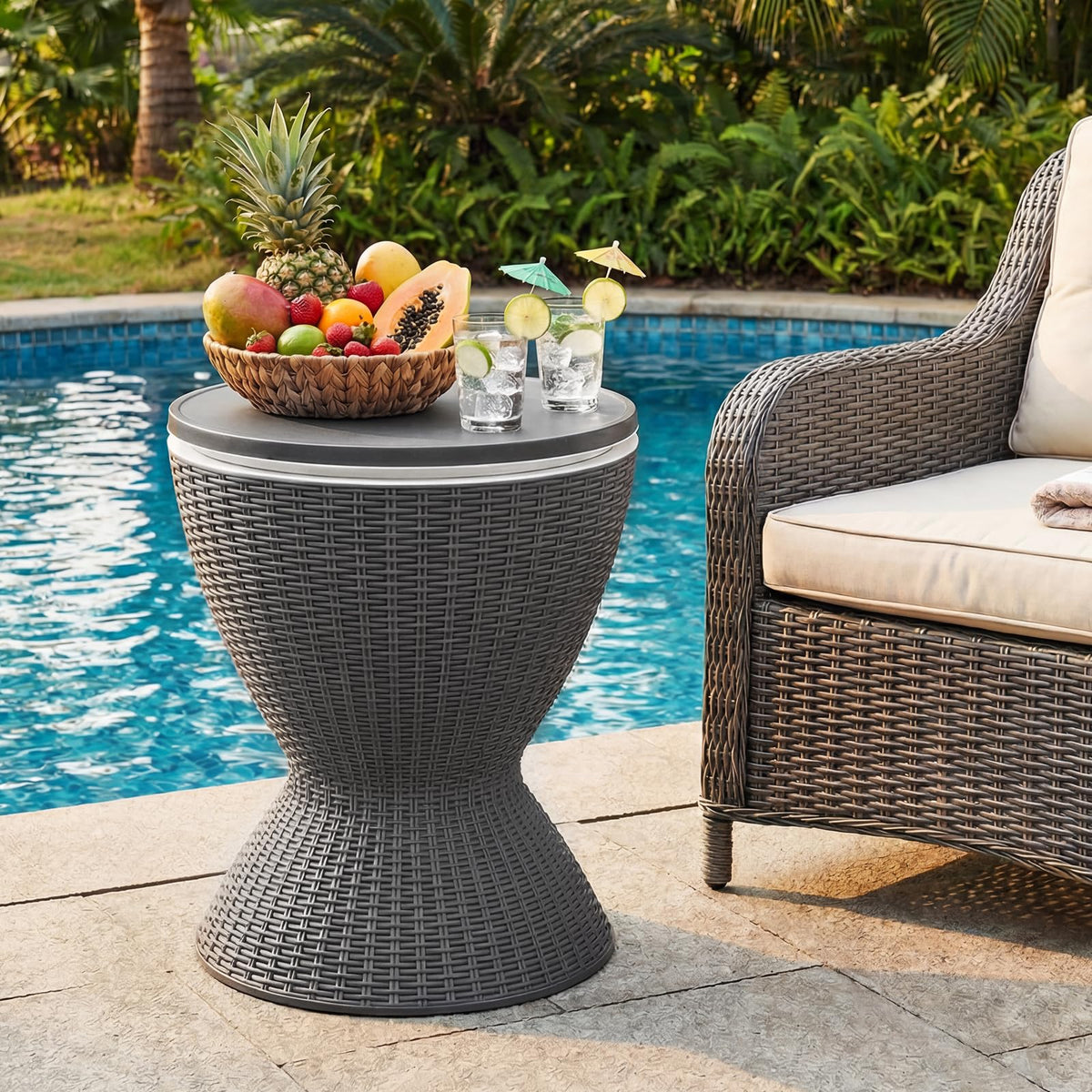Outdoor Cooler Table, Multi-Functional Cooler Bar Table, Adjustable Height Ice Cooler Side Table w/Drain Plug, 8