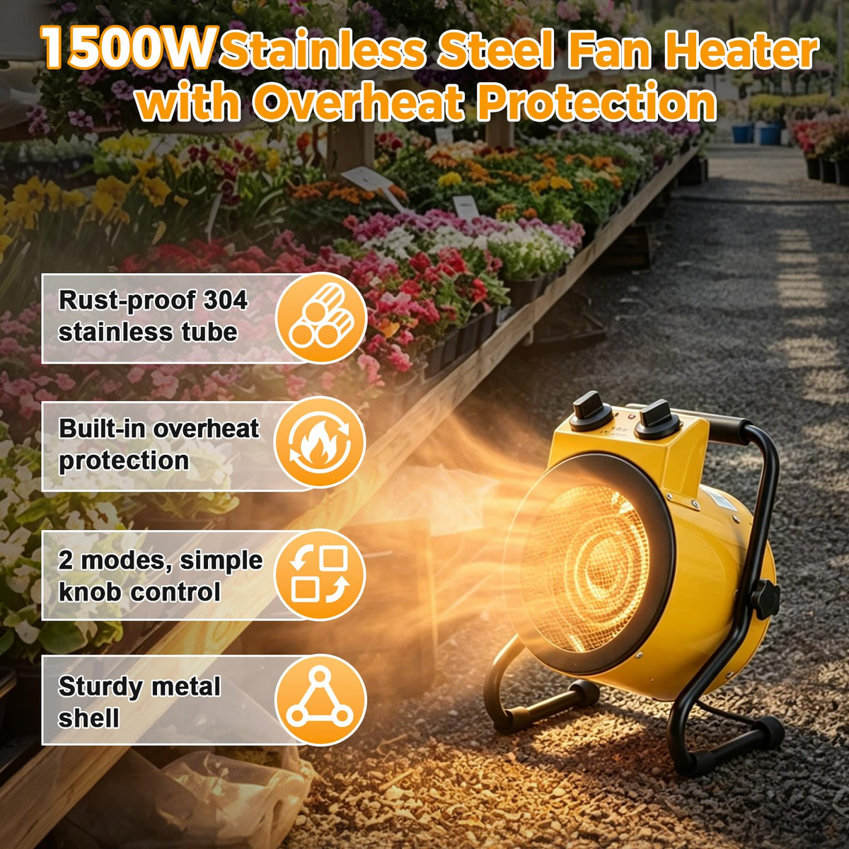 Greenhouse Heater with Thermostat, Electric Outdoor Heater, Yellow
