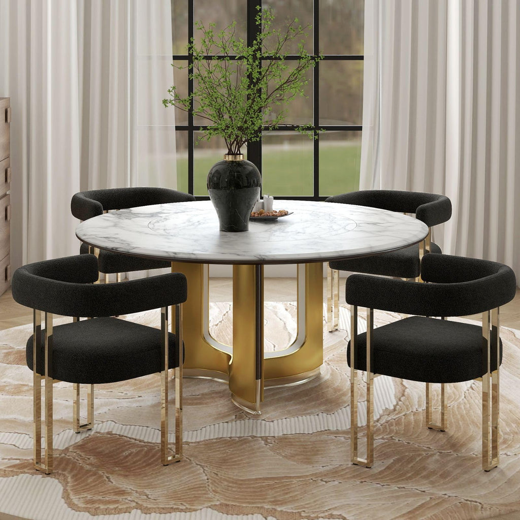 Set of 4 Modern Black Boucle Dining Chairs with Gold Metal Legs, Mid Century Accent Upholstered Barrel Armchairs with