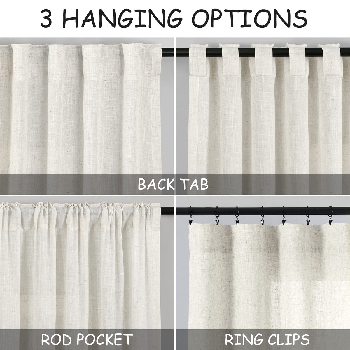 132 inch Curtains Extra Long 2 Panels Set Back Tab Neutral Farmhouse Drapes Light Filtering Semi Sheer Linen Curtain