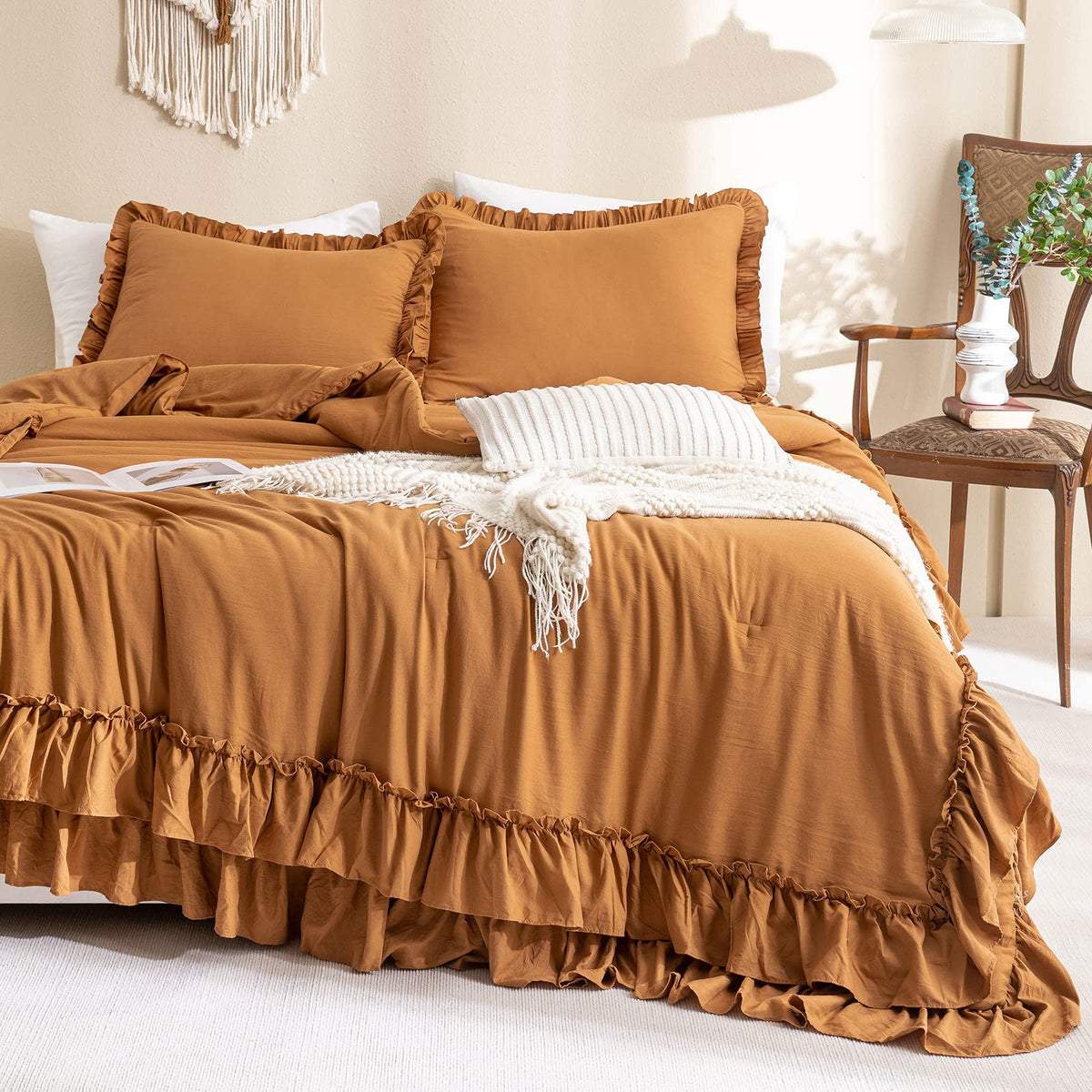 Pumpkin Color Ruffle Comforter Queen Size, Farmhouse Shabby Boho Chic Queen Bedding Comforter Set, 3pcs Ultra Soft