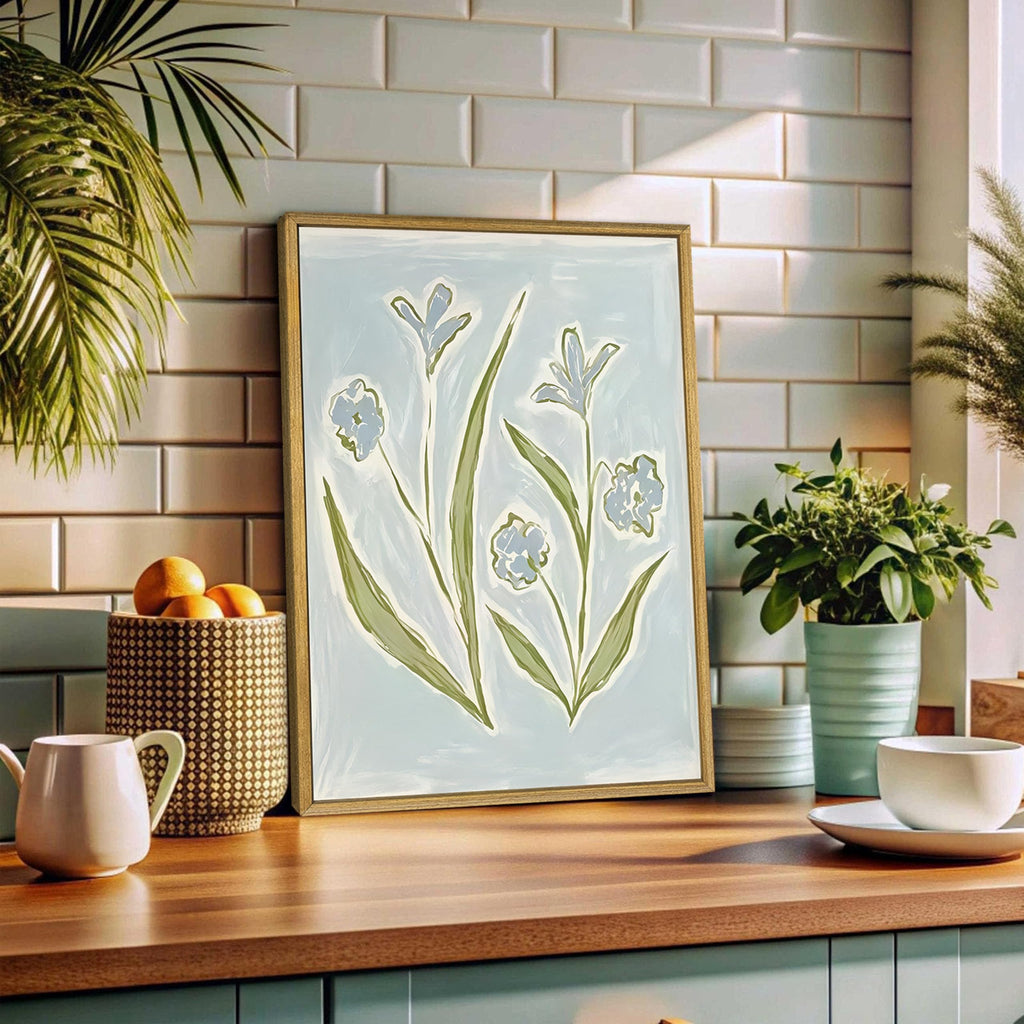 Blue Tulip Flower Wall Art Set of 2, Watercolor Floral Preppy Canvas Poster Prints, Modern Botanical Painting