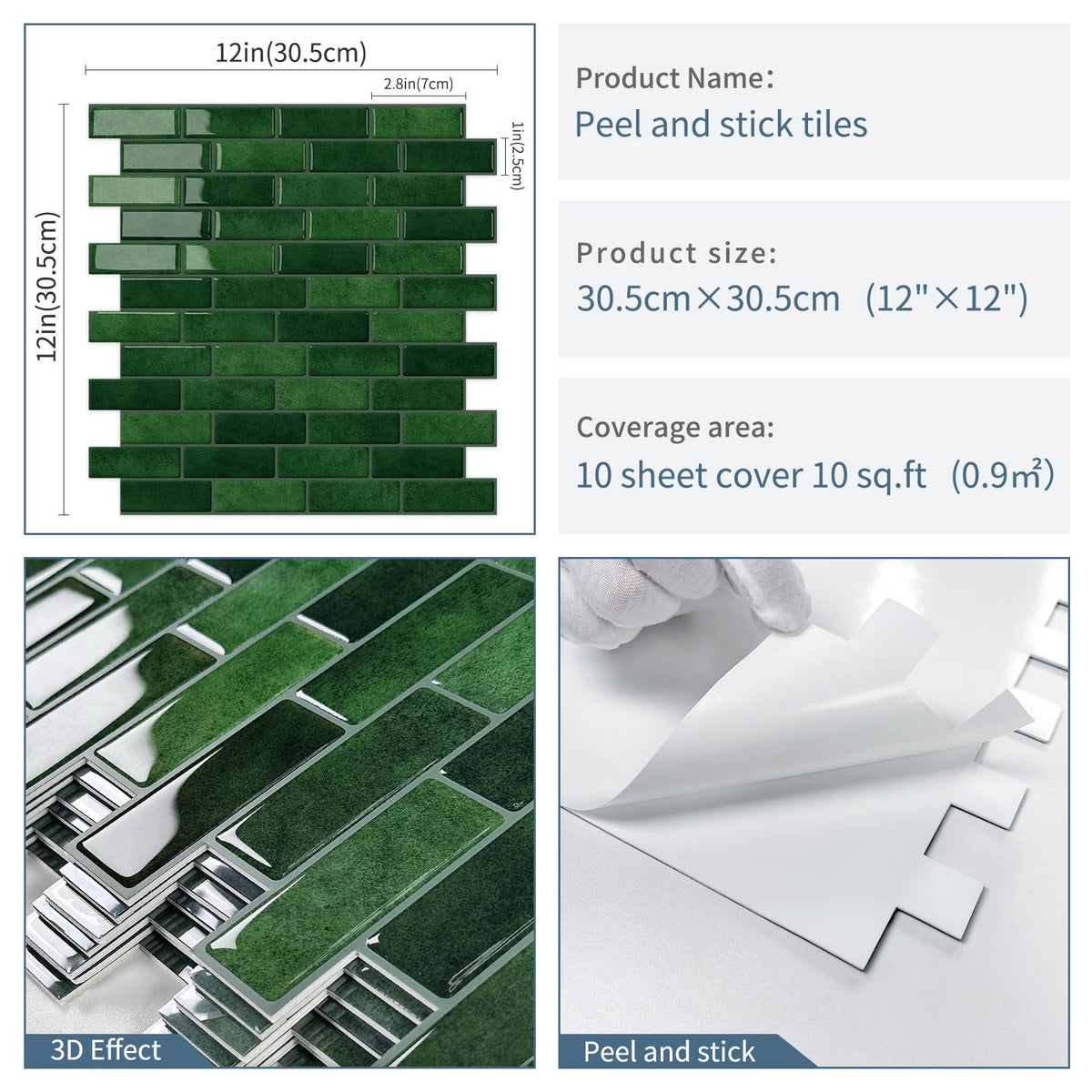 Green Peel and Stick Backsplash 3D Self Adhesive Wall Tile 10 Sheet