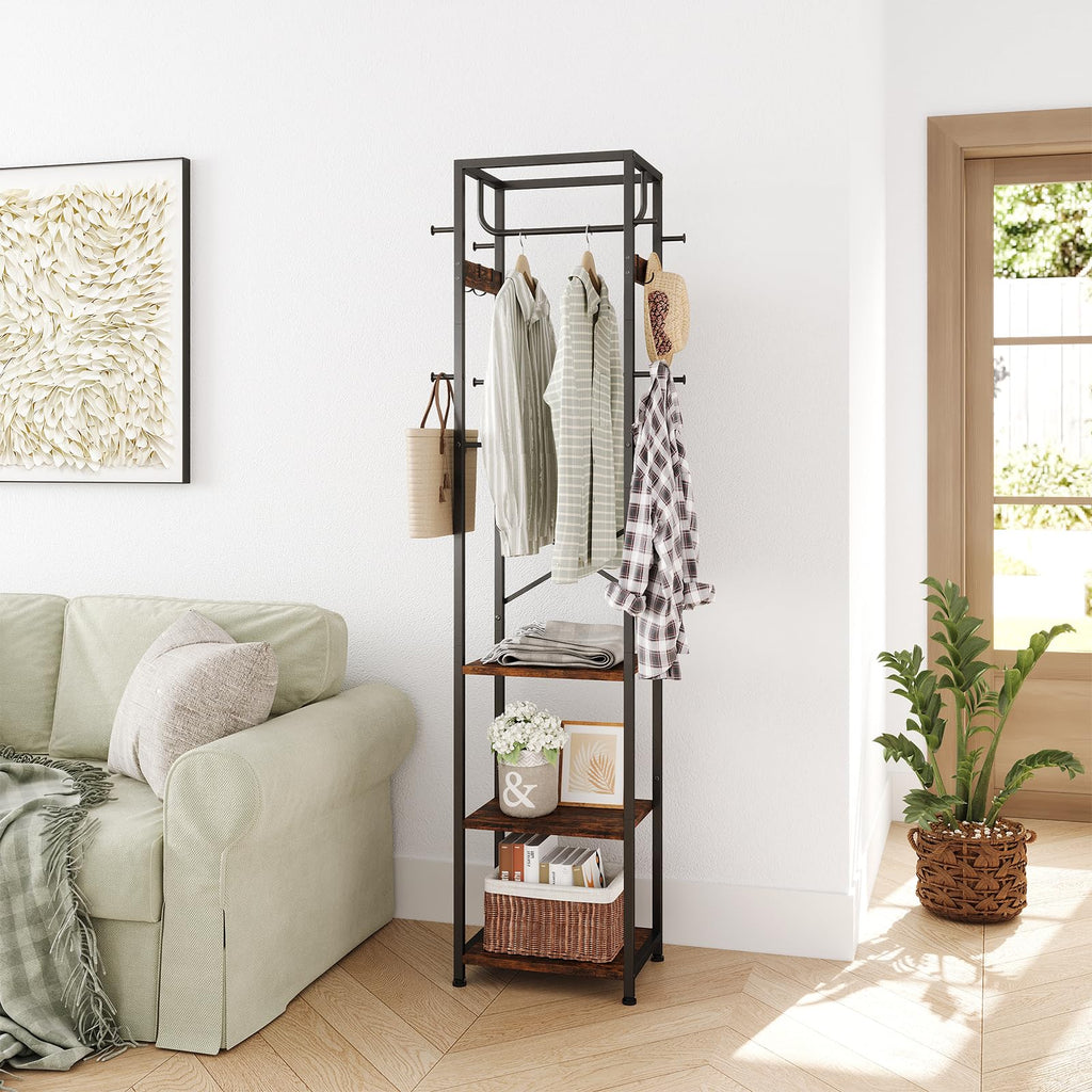 Coat Rack Freestanding, Hall Tree with 3 Shelves and 12 Hooks, Rustic Brown