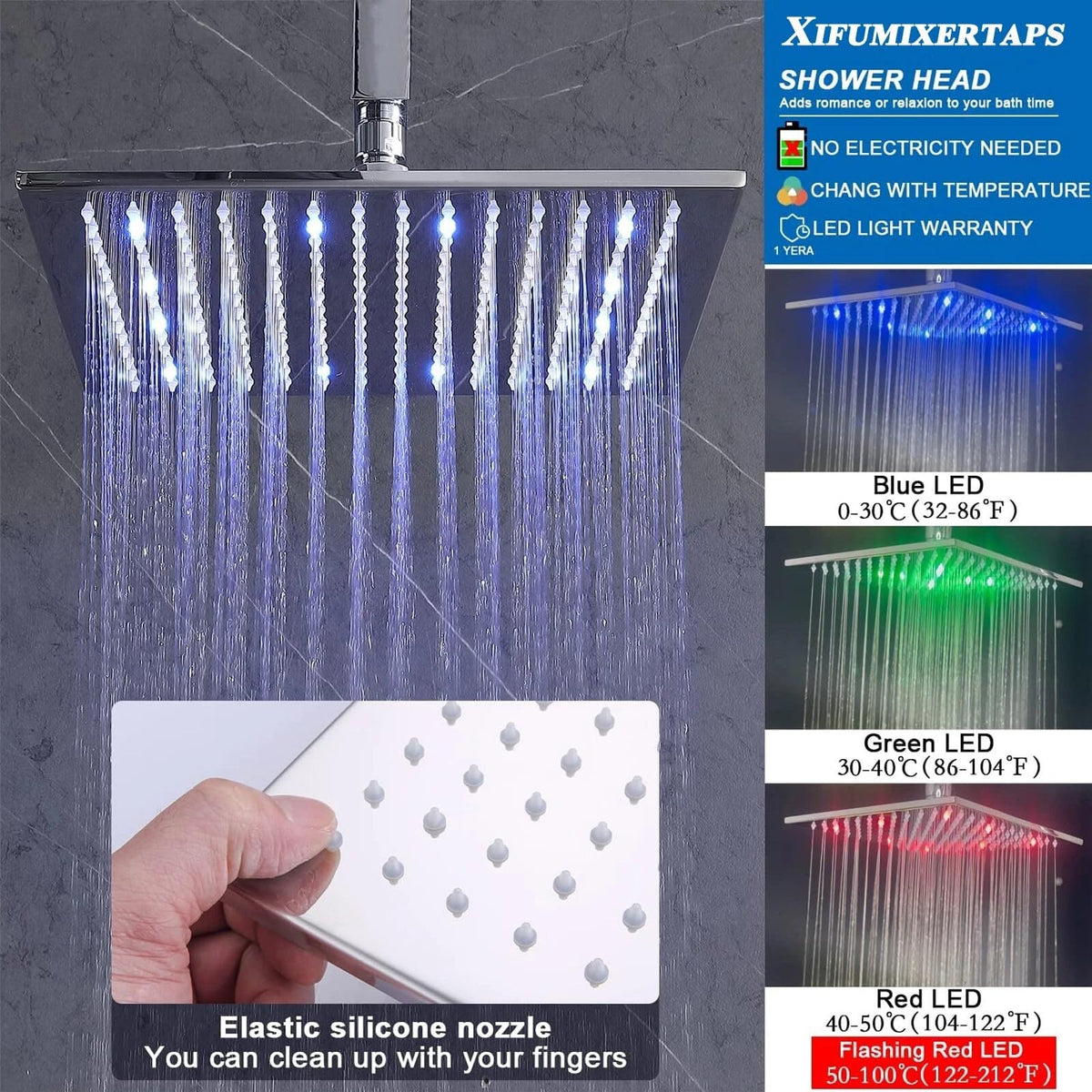 LED Rainfall Shower Head High Pressure 16 Inch LED Rain Shower Head Anti-leak Large Square Ceiling Mount LED Shower