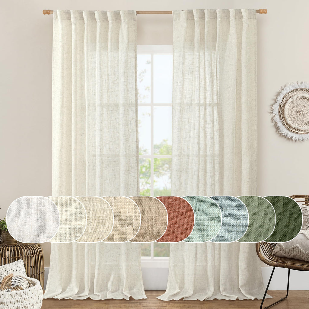 Linen Semi Sheer Curtains 96 inch Length 2 Panels Set Cream Ivory