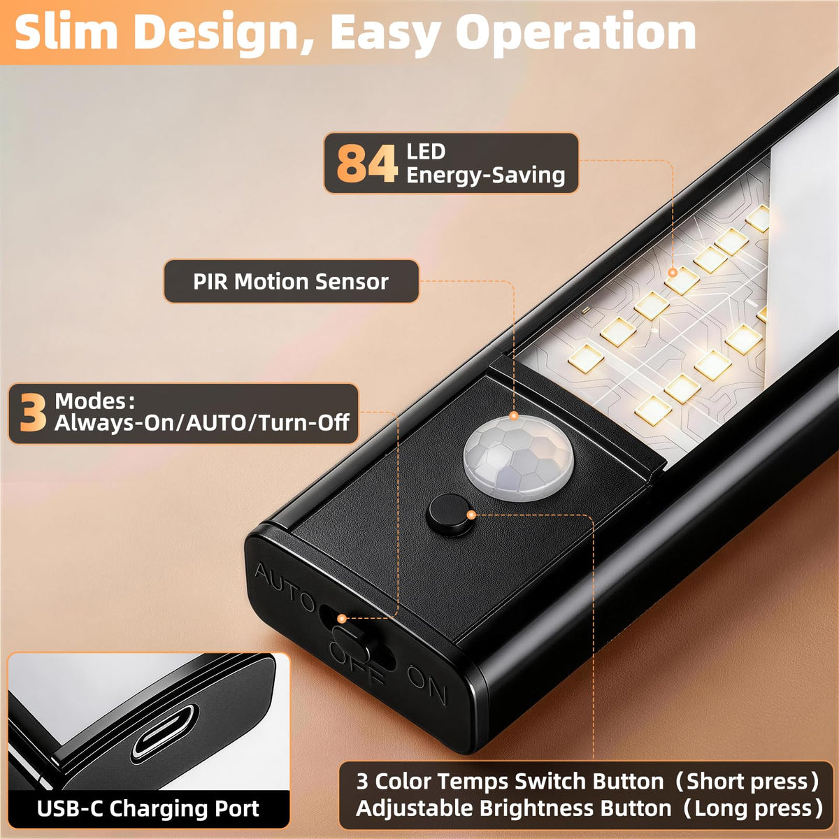 Rechargeable Motion Sensor Light 6 Pack, 3 Color Temps Under Cabinet Lights