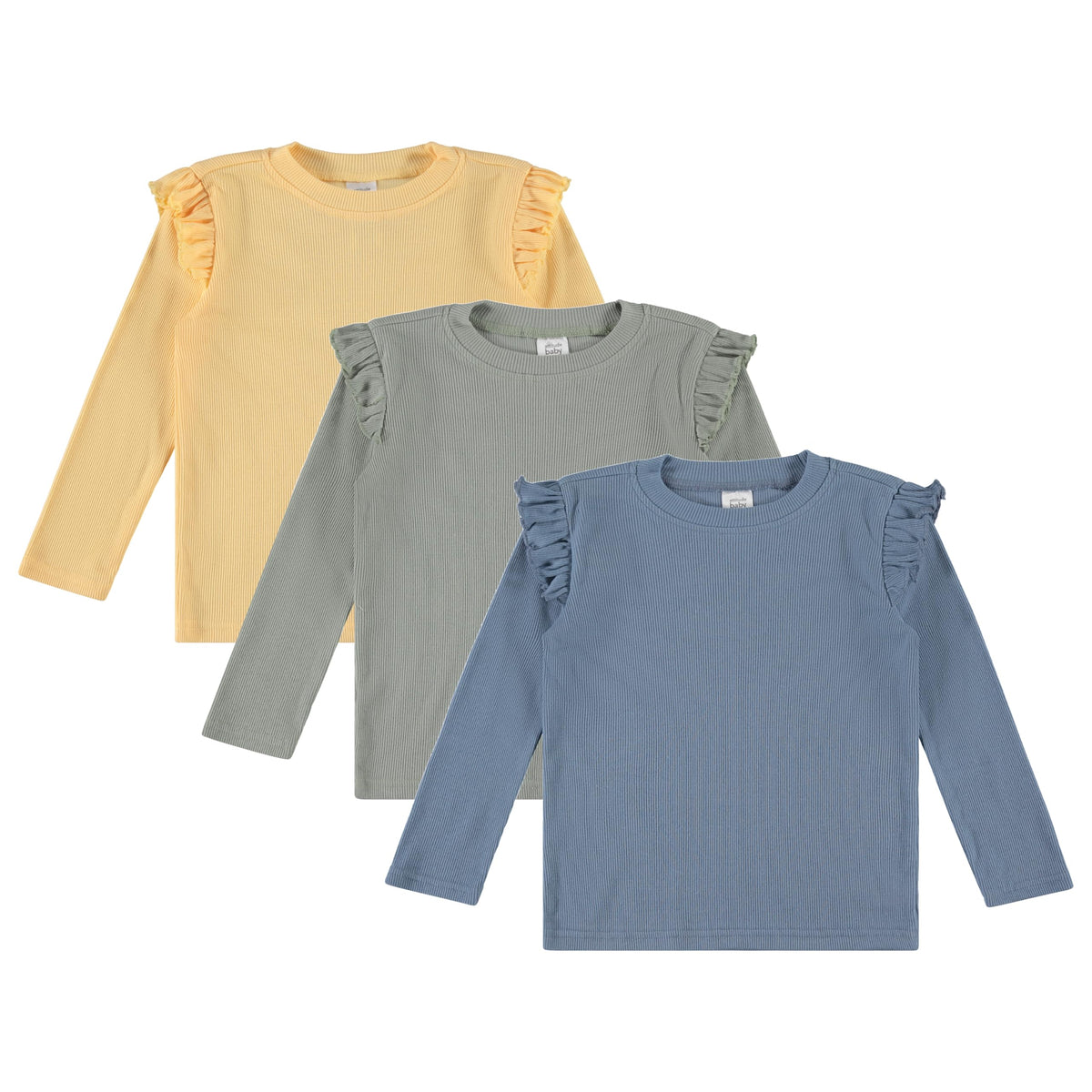 Pack Toddler Girls Ribbed Ruffle Tops - Stylish Long Sleeve Shirts for Kids -All-Day Comfort- Desert Sage, Golden