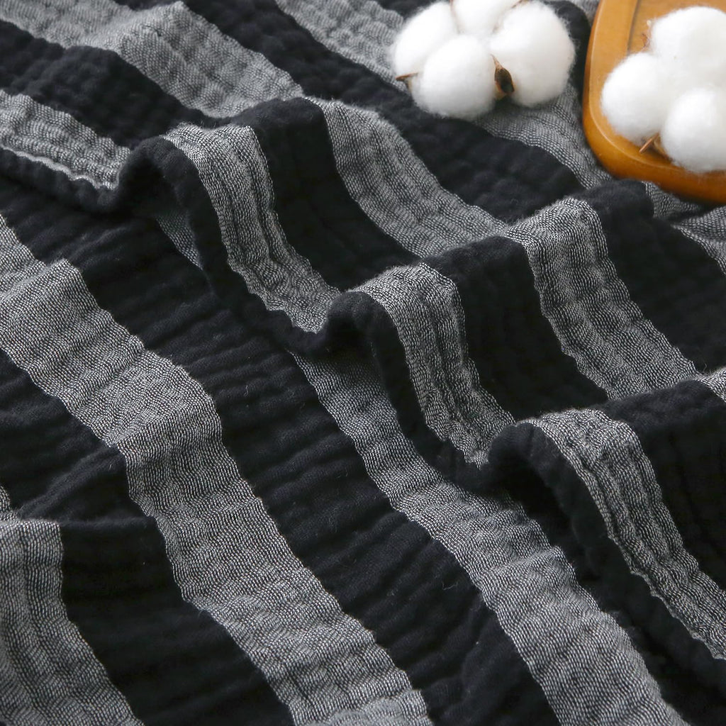 Muslin Cotton Blanket Striped for Adults Bed Black 90" x 90"