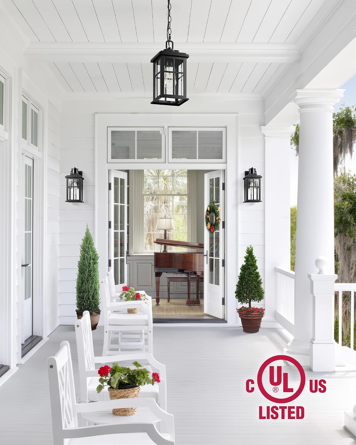 Black Dusk to Dawn Outdoor Pendant Light, Modern Hanging Light Fixture with Tempered Glass