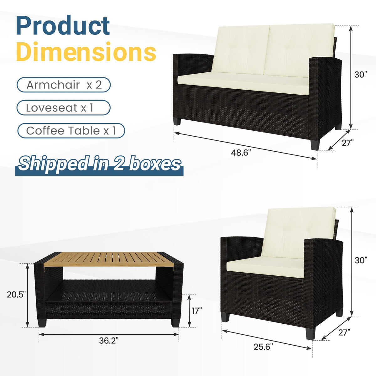 4 Piece Wicker Patio Furniture Set - Sturdy, Easy Assembly, Modern Design