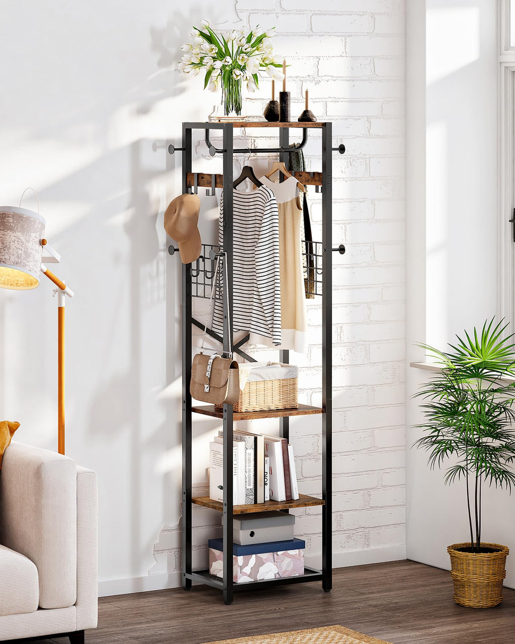 Coat Rack with Shelves, Freestanding Hall Tree, Coat Tree with 16 Hooks and Hanging Rail, Industrial Clothes Stand