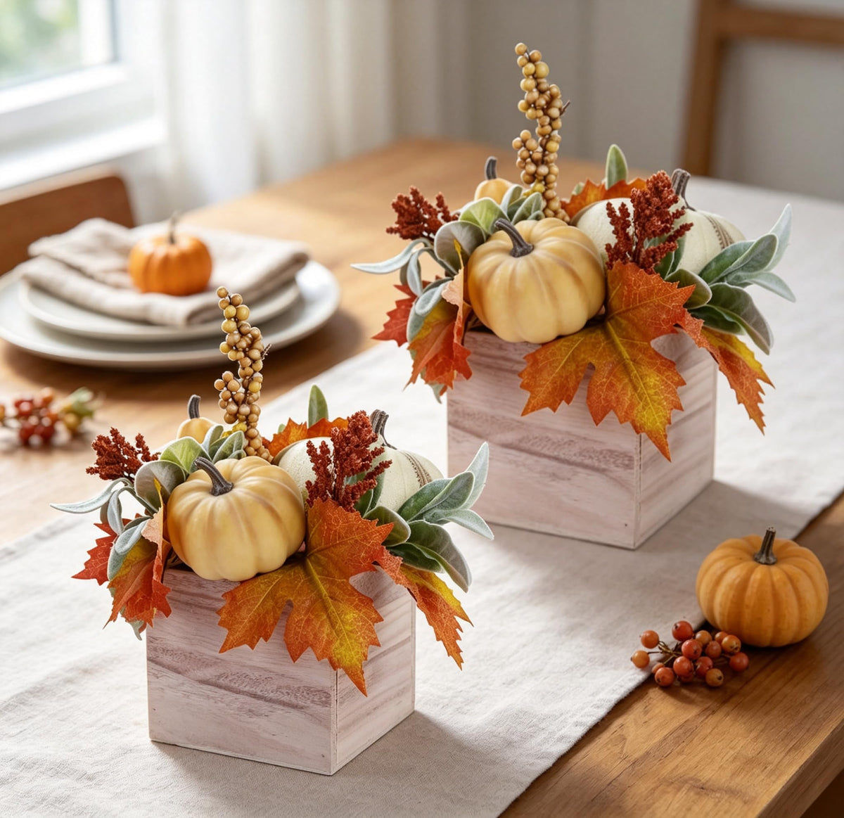 Fall Decorations Artificial Pumpkin Gourd Berries Leaves, 2 Pack