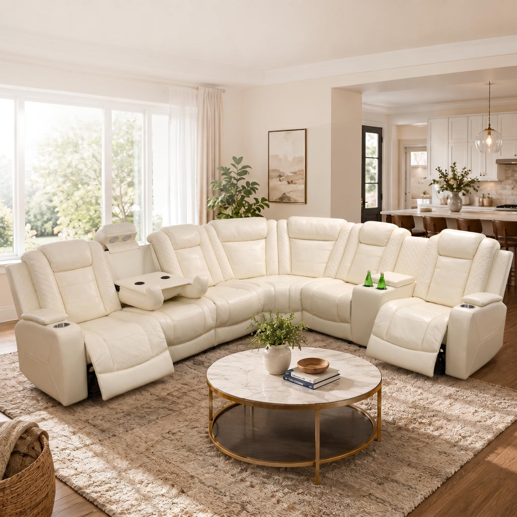 Power Reclining Sectional Sofa, Modern L-Shaped Air Leather Sectional Couch Set, Recliner Sofa Set, with LED Lights, Cup