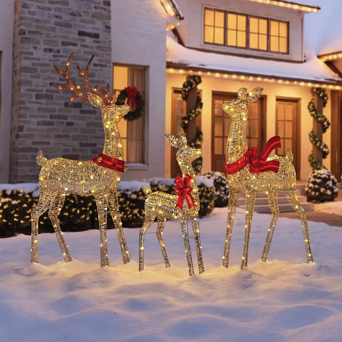 3-Piece Pre-Lit Animated Deer Family Set (72" Buck, 60" Doe, 42" Fawn) - Gold Twisted Foil Christmas Yard Decor