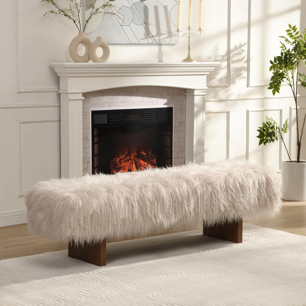 Lenka 67" Long-haired Faux Wool Bedroom Bench, Rubberwood Ottoman Bench, Spacious Seating, Long Footstool, Luxury