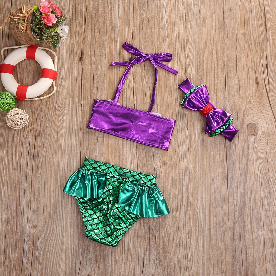 Baby Girls 2 Piece Mermaid Swimsuit Hanging Neck Shell Pearl Halter Bikini Tops and Tulle Patchwork Mermaid Tail