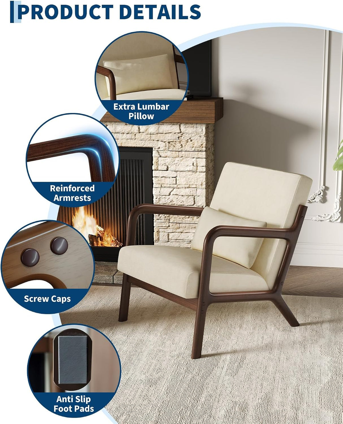 Mid-Century Modern Accent Chair, Chenille Upholstered Armchair with Wood Frame and Lumbar Pillow, Cozy Reading Chair