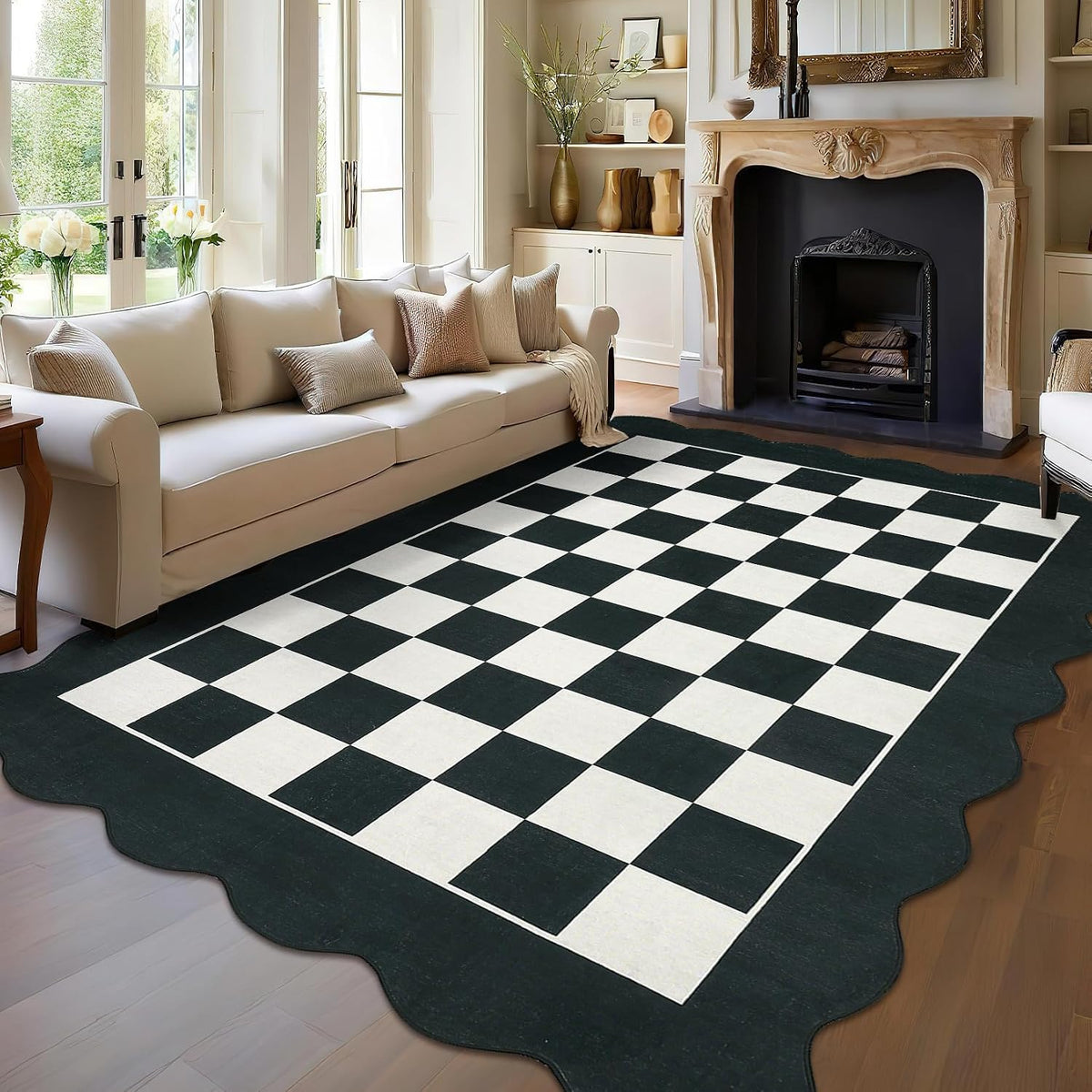 Large Area Rug Washable Living Room Rug Scalloped Neutral Area Rugs Dining Room Modern Checkerboard Carpet Stain