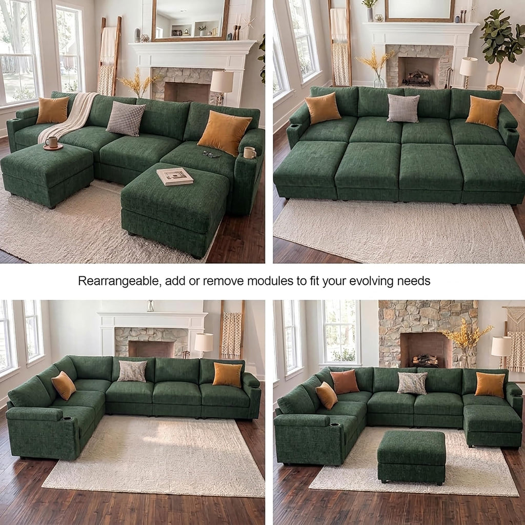 Sectional couches, Oversized Modular Cloud U Shaped Couch, FSC Certified Chenille, Removable Chaise Sofa (Green, U